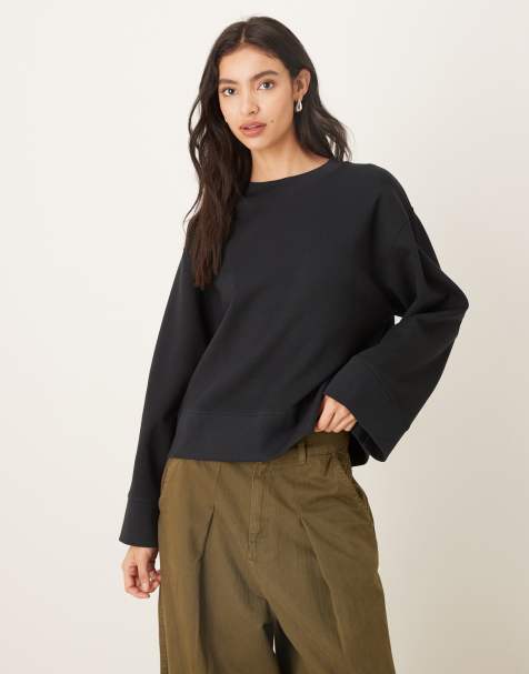 ASOS DESIGN interlock oversized crew neck top in black - view 1