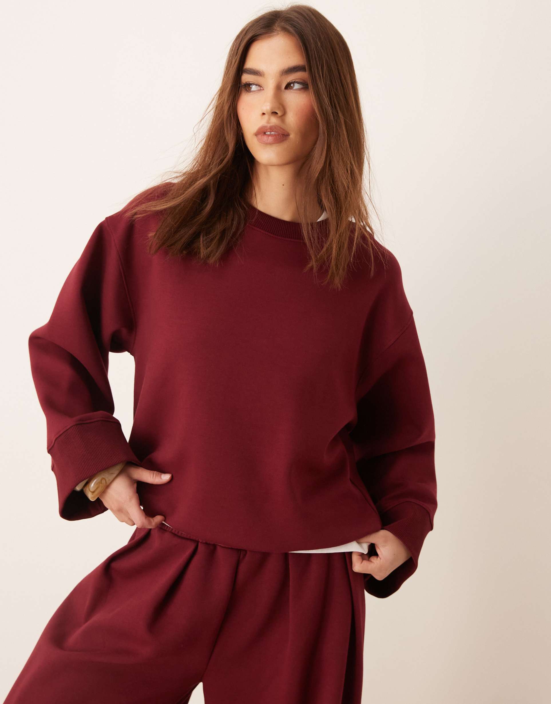 asos design interlock oversized crew neck top in burgundy - part of a set