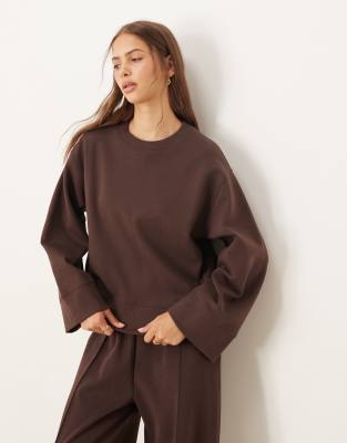 Asos Design Interlock Oversized Crew Neck Top In Brown