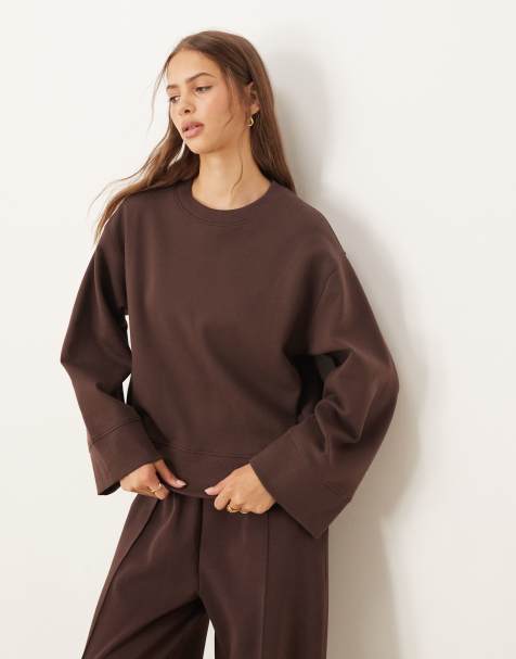 ASOS DESIGN interlock oversized crew neck top in chocolate - view 1