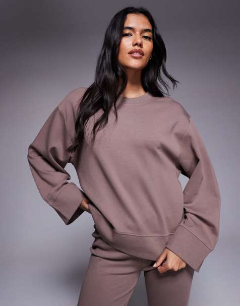 ASOS DESIGN interlock oversized crew neck top in deep taupe - view 1