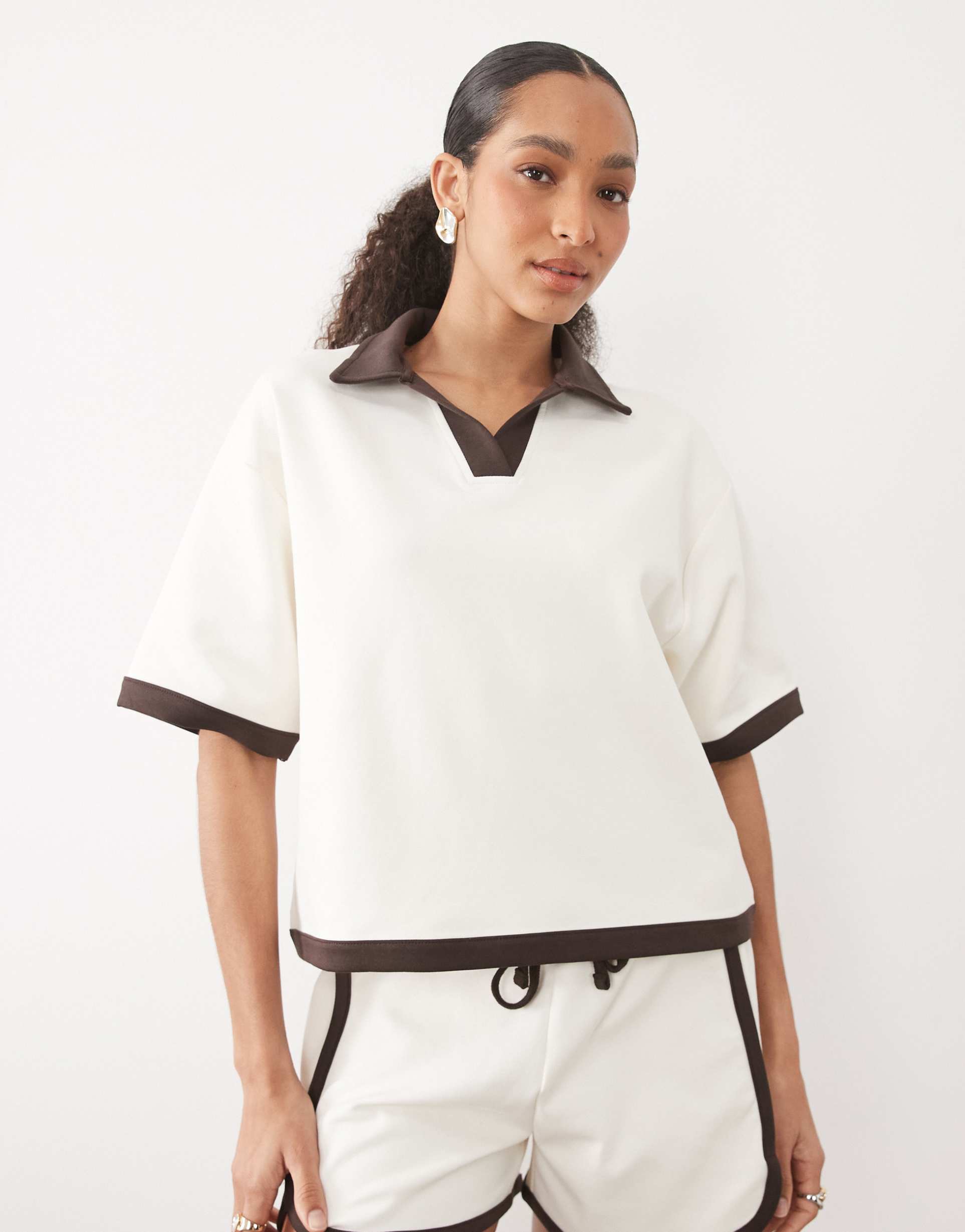 asos design interlock oversized polo top in ecru and chocolate - part of a set