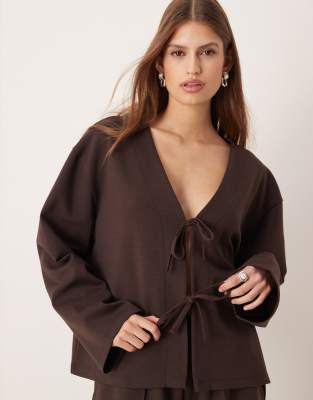 Asos Design Interlock Oversized Top With Bow Tie Detail In Brown