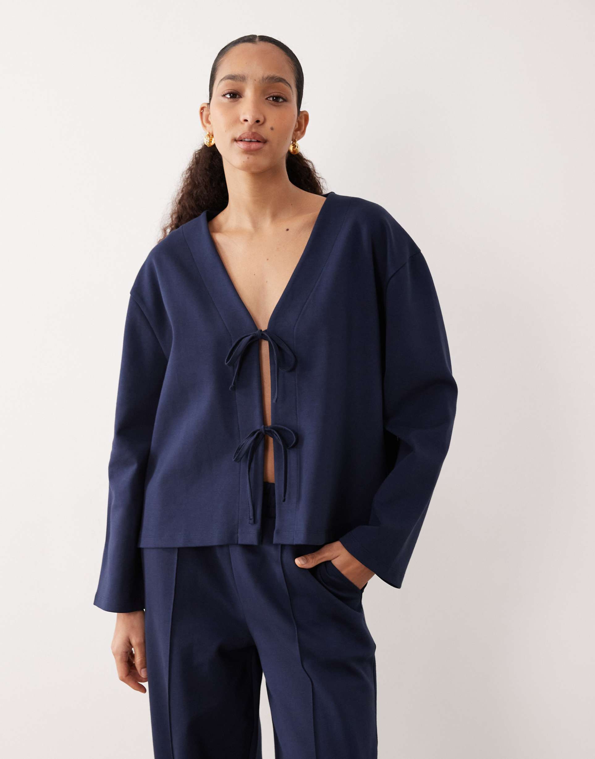 asos design interlock oversized top with bow tie detailing in navy - part of a set