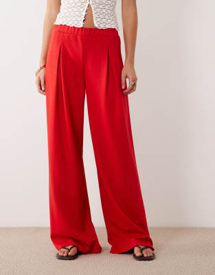 Asos Design Interlock Pleated Pull On Wide Leg Pants In Red