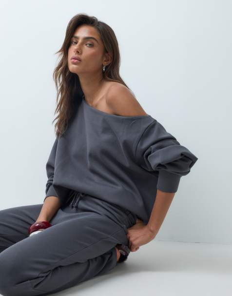ASOS DESIGN interlock relaxed off shoulder top in charcoal gray - view 1
