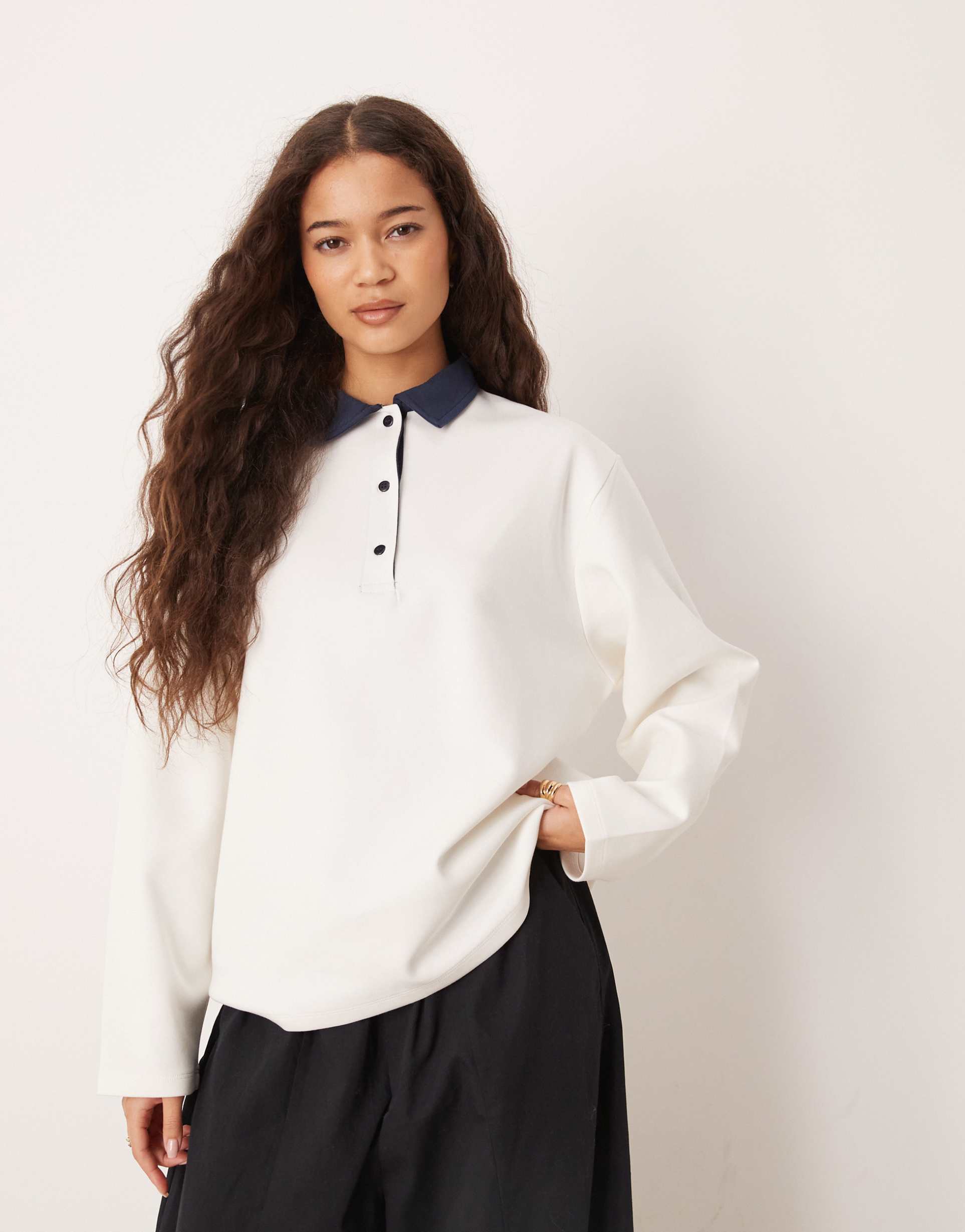 asos design interlock rugby top with contrast collar in ecru