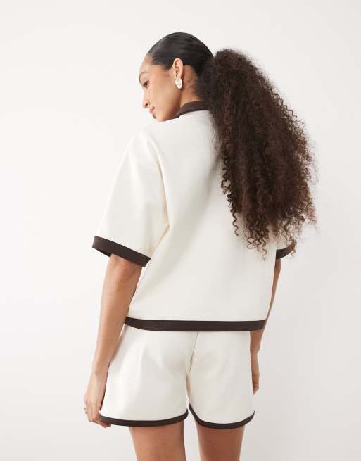 ASOS DESIGN interlock runner shorts with contrast binding in ecru and chocolate (part of a set), 5 of 5