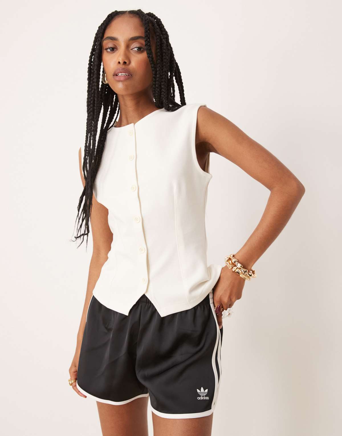 ASOS DESIGN interlock sharp shoulder button up vest in coconut milk