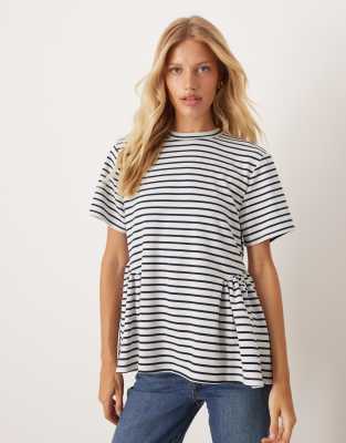Asos Design Interlock Short Sleeve Peplum Ruched Detail T-shirt In Brown