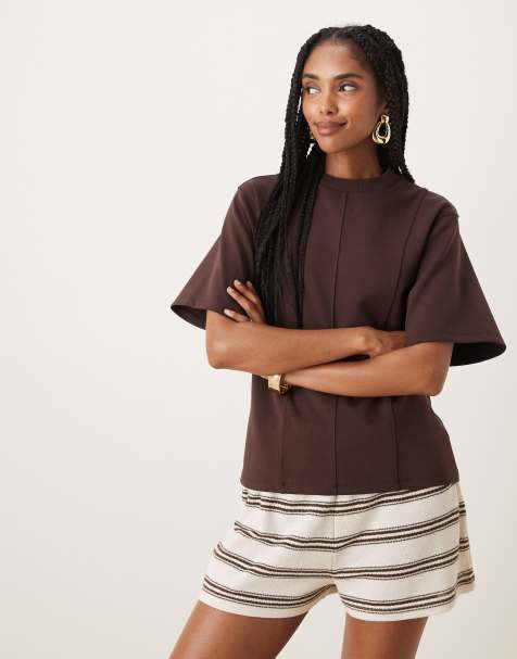 ASOS DESIGN interlock short sleeve top with seam and top stitch detail in brown - view 1