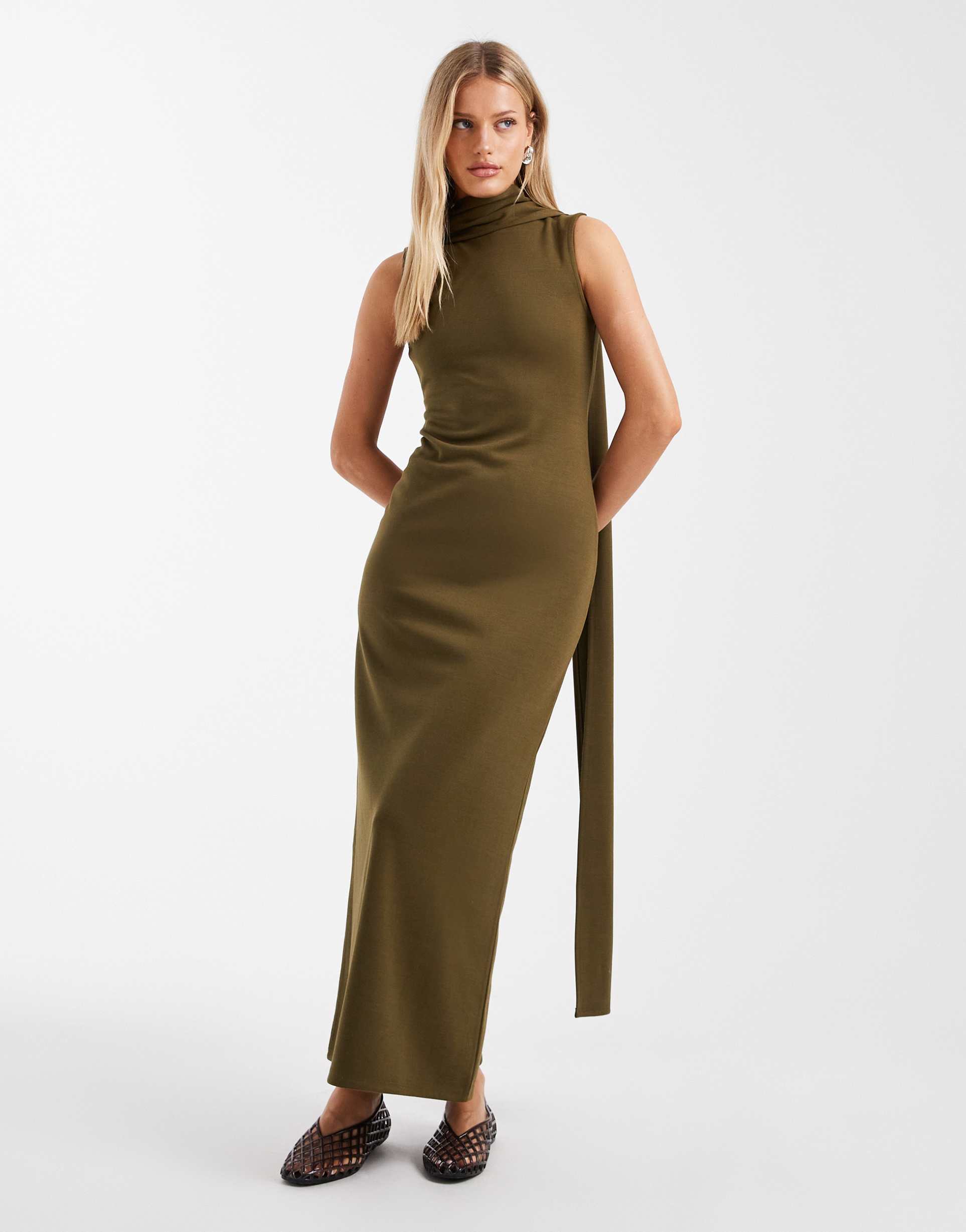 asos design interlock sleeveless maxi dress with scarf detail in khaki green