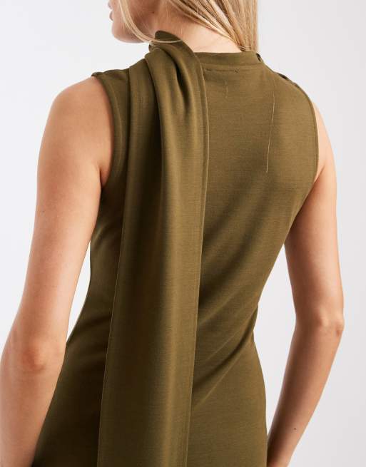 ASOS DESIGN interlock sleeveless maxi dress with scarf detail in khaki, 2 of 4