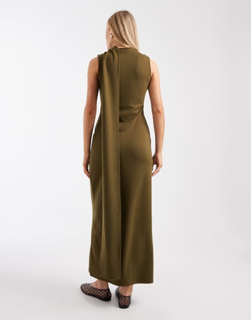 ASOS DESIGN interlock sleeveless maxi dress with scarf detail in khaki, 4 of 4