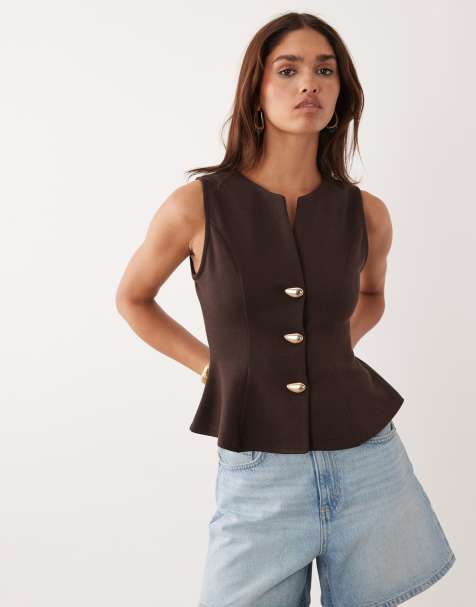ASOS DESIGN interlock sleeveless peplum top with gold abstract button detail in chocolate - view 1