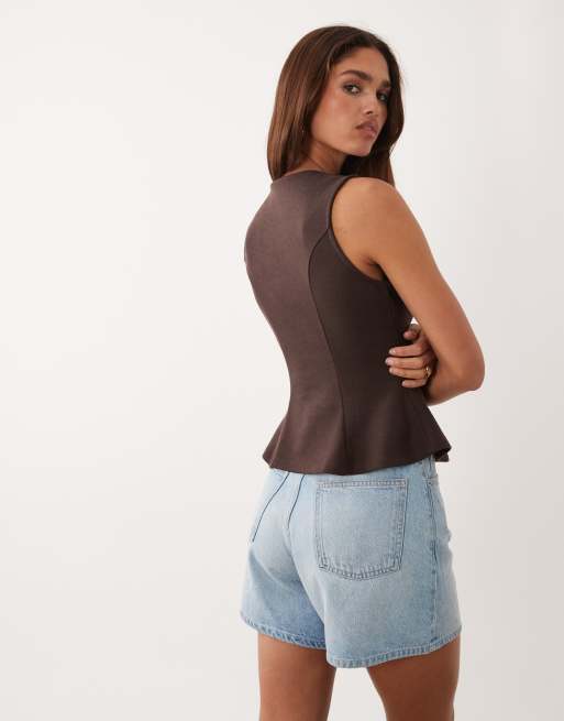 ASOS DESIGN interlock sleeveless peplum top with gold abstract button detail in chocolate, 3 of 4
