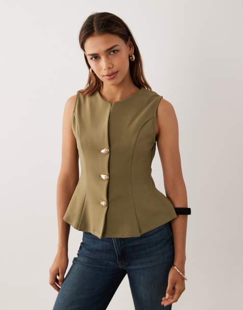 ASOS DESIGN interlock sleeveless peplum top with gold abstract button detail in khaki - view 1