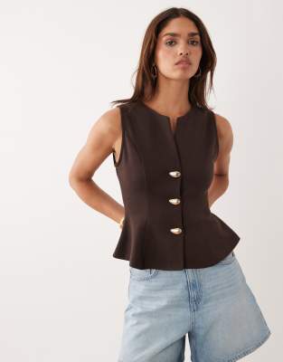 Asos Design Interlock Sleeveless Peplum Top With Gold-tone Abstract Button Detailing In Brown