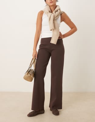 Asos Design Interlock Straight Leg Mid Rise Pants With Cinched Back Detail In Brown