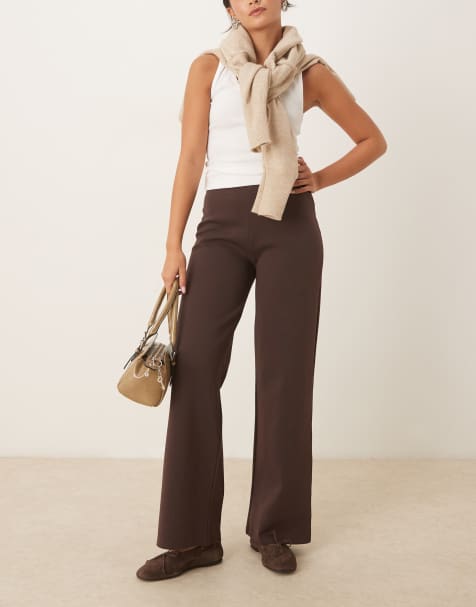 ASOS DESIGN interlock straight leg mid rise trousers with cinched back detail in brown - view 1