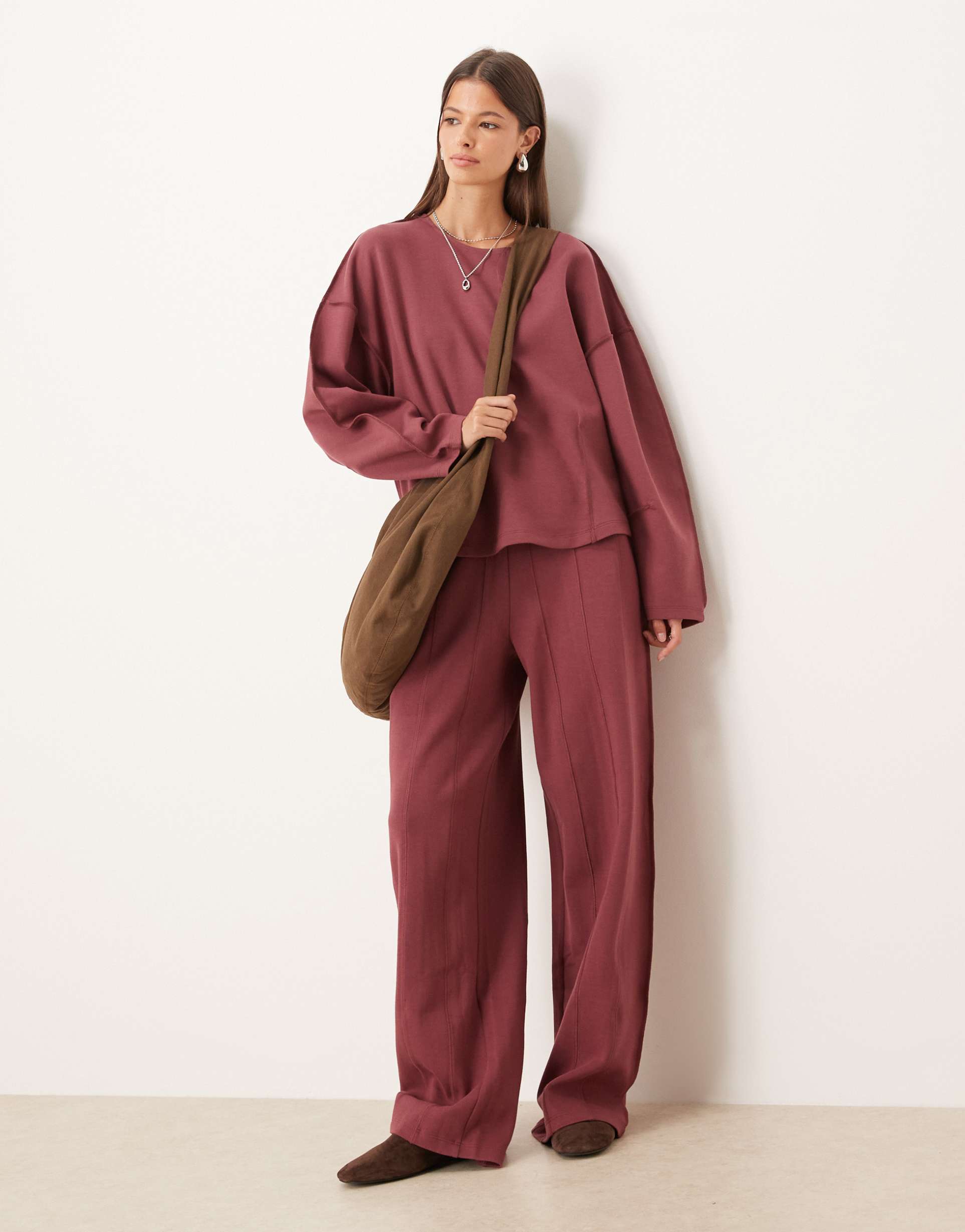 ASOS DESIGN interlock super wide leg jogger with seam detail in dark rose
