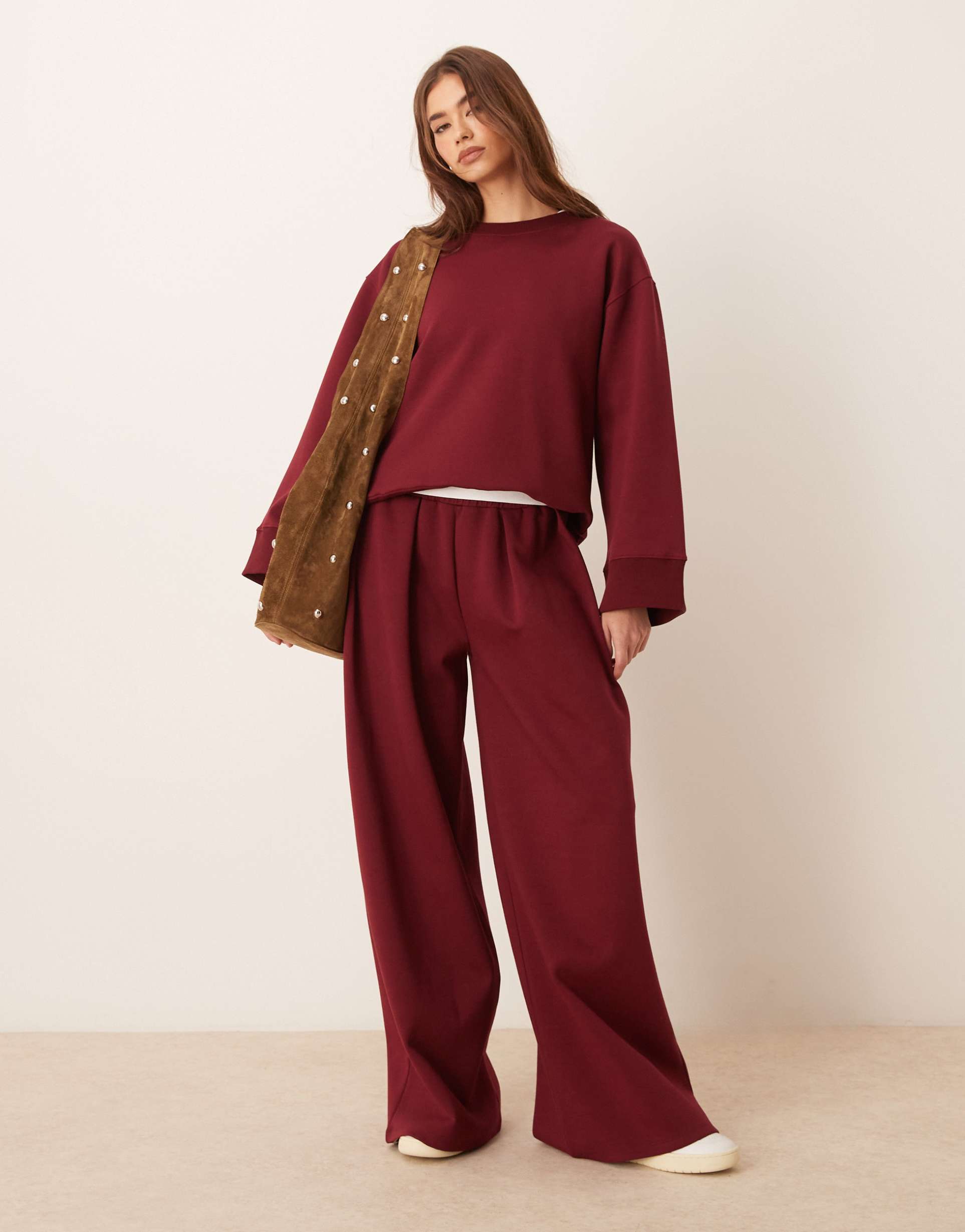 asos design interlock super wide leg pants in burgundy - part of a set
