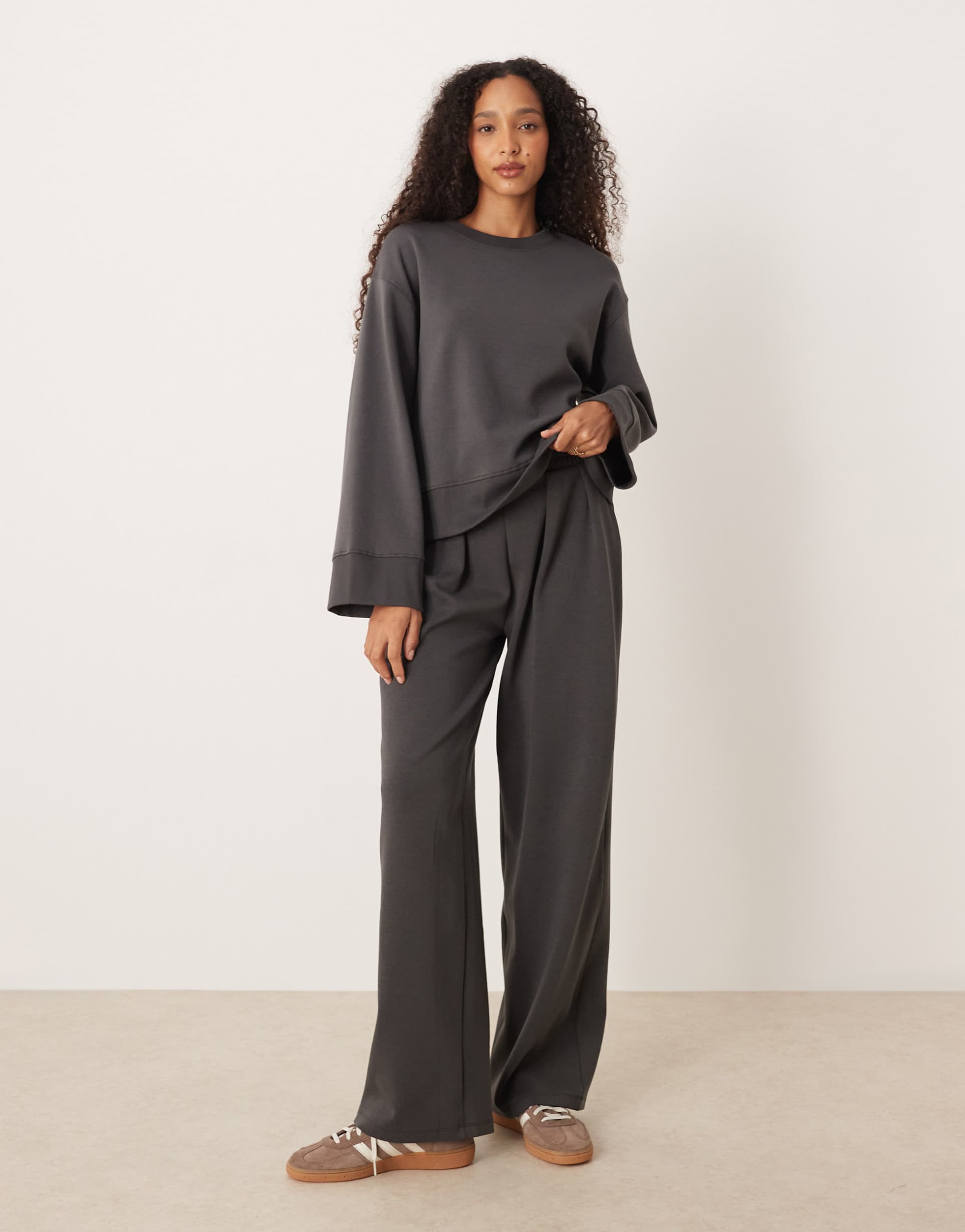 asos design interlock super wide leg pants in charcoal
