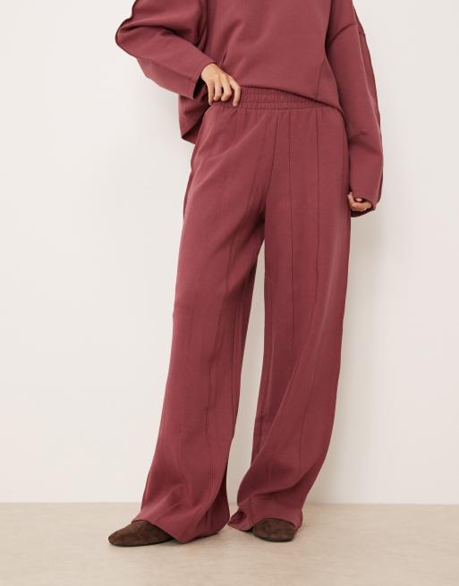 ASOS DESIGN interlock super wide leg trackies with seam detail in dark rose, 2 of 5