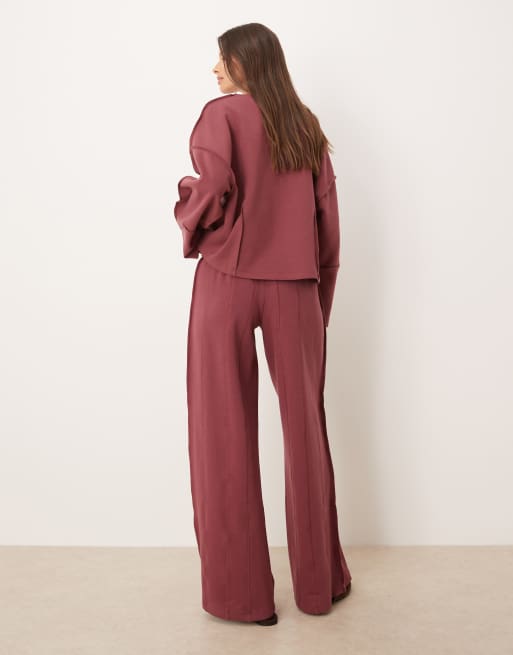 ASOS DESIGN interlock super wide leg trackies with seam detail in dark rose, 4 of 5