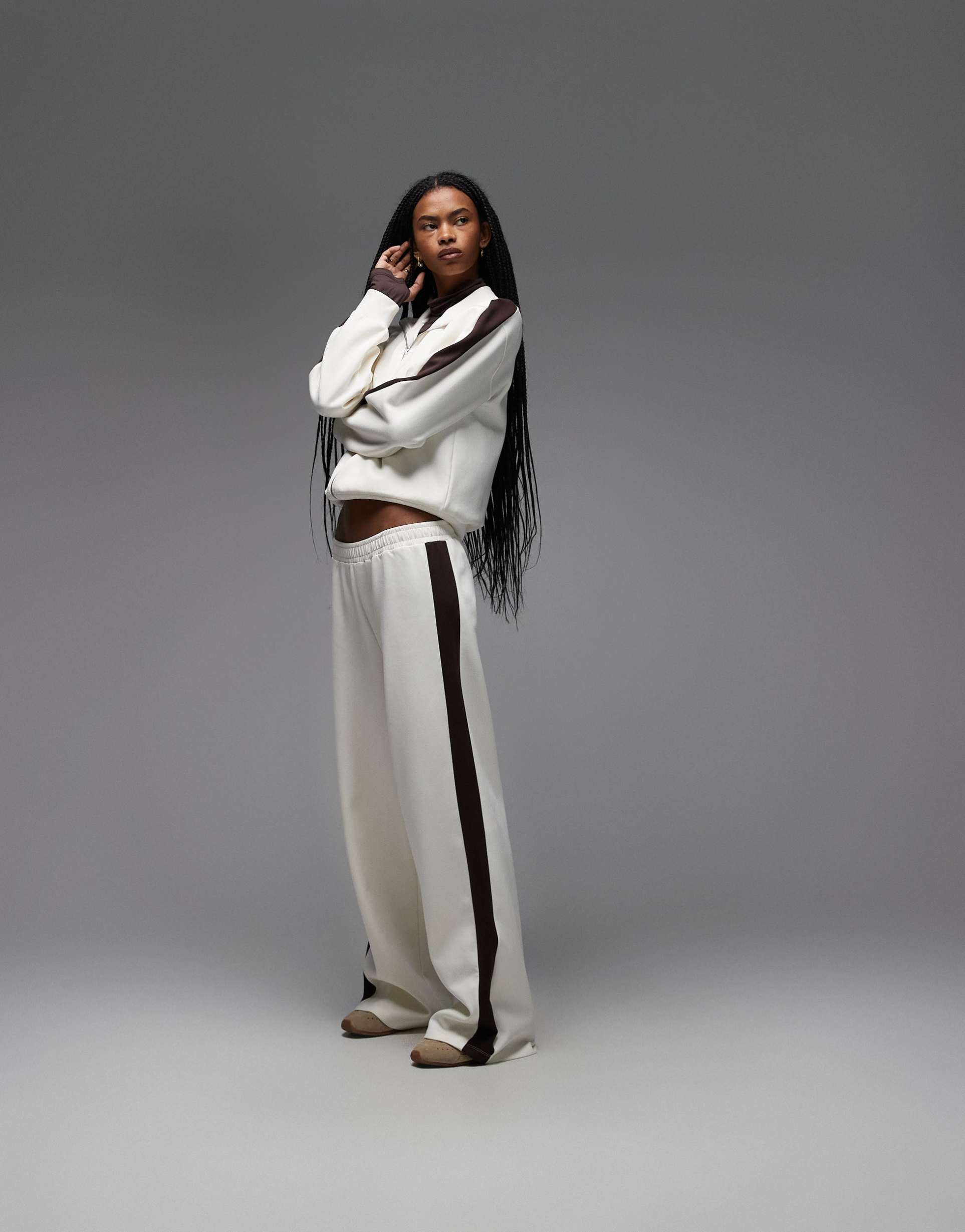 asos design interlock sweatpants with chocolate contrast tipping in cream - part of a set