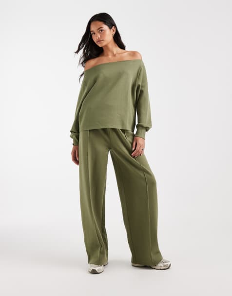 ASOS DESIGN interlock sweatpants with pleats in khaki green - view 1