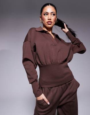 Asos Design Interlock Sweatshirt With Cinched Waist In Chocolate-brown