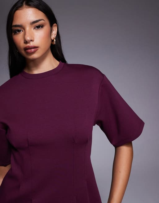 ASOS DESIGN interlock tee with cinched seaming details in fig, 3 of 4