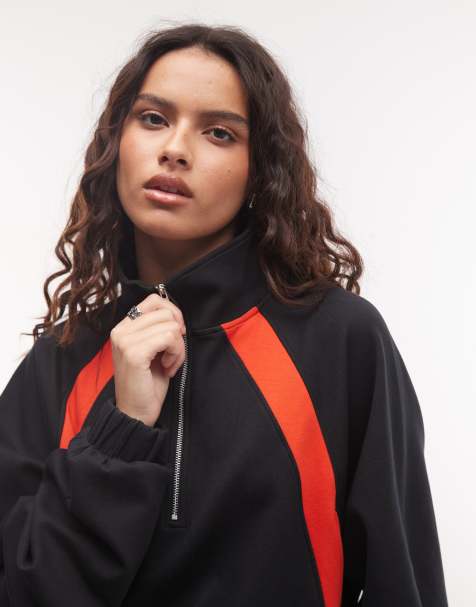 ASOS DESIGN Interlock-Tracktop mit Reißverschluss in Schwarz und Rot - view 1