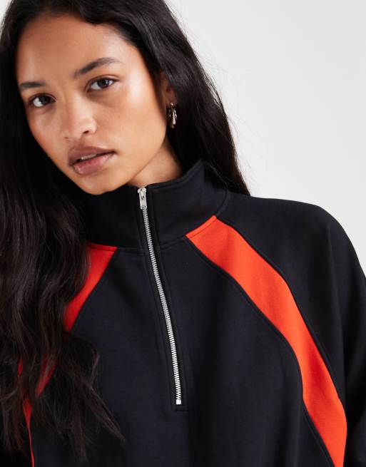 ASOS DESIGN interlock træningstop med lynlås hele vejen igennem i sort og rød, 3 af 4