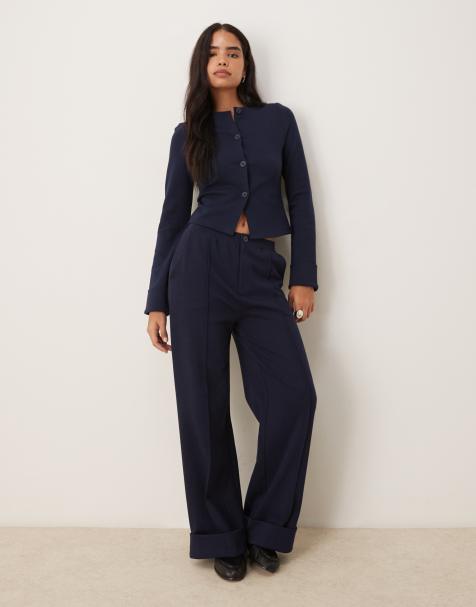 ASOS DESIGN interlock turnback hem jogger in navy - view 1