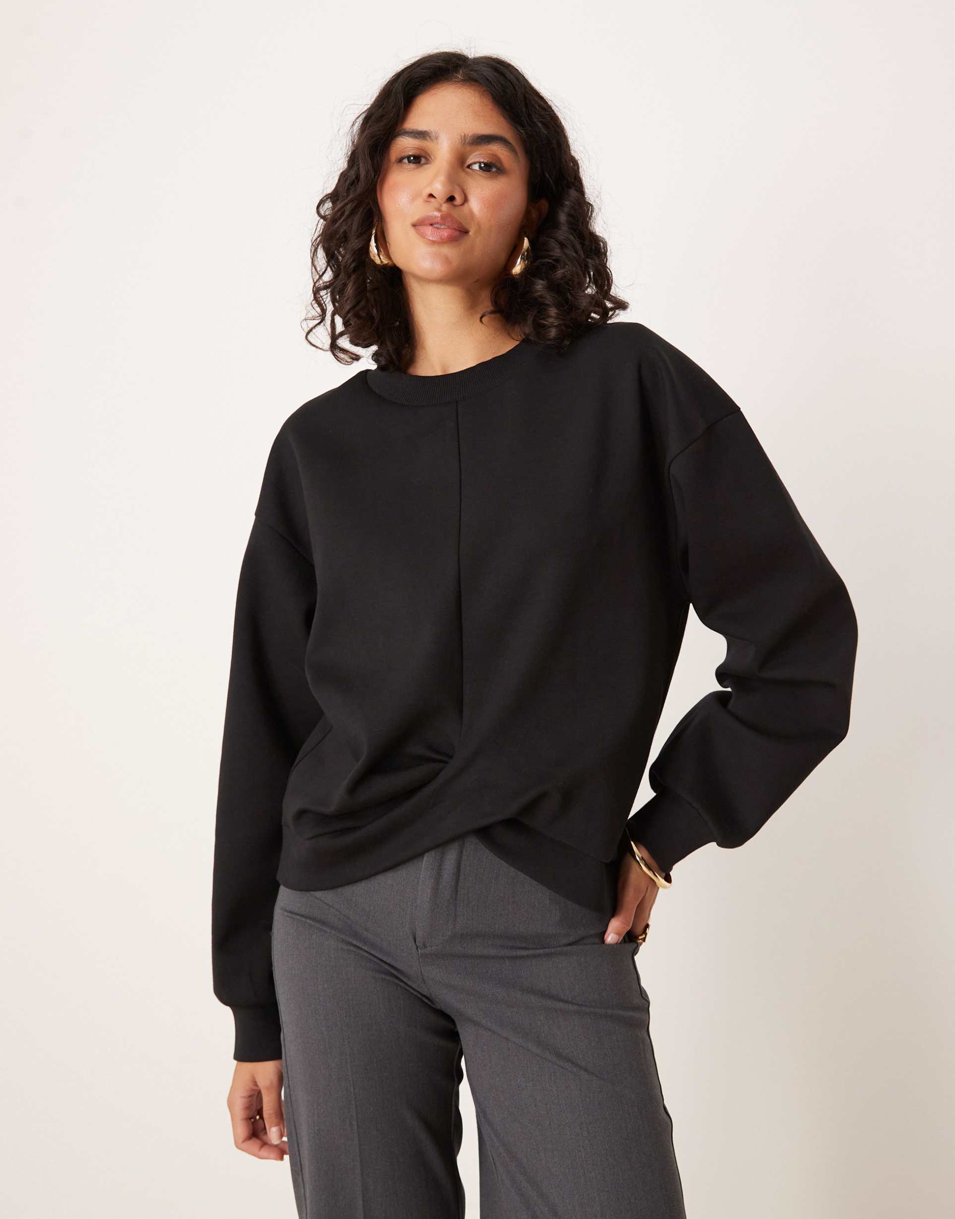asos design interlock twist front long sleeve top in black
