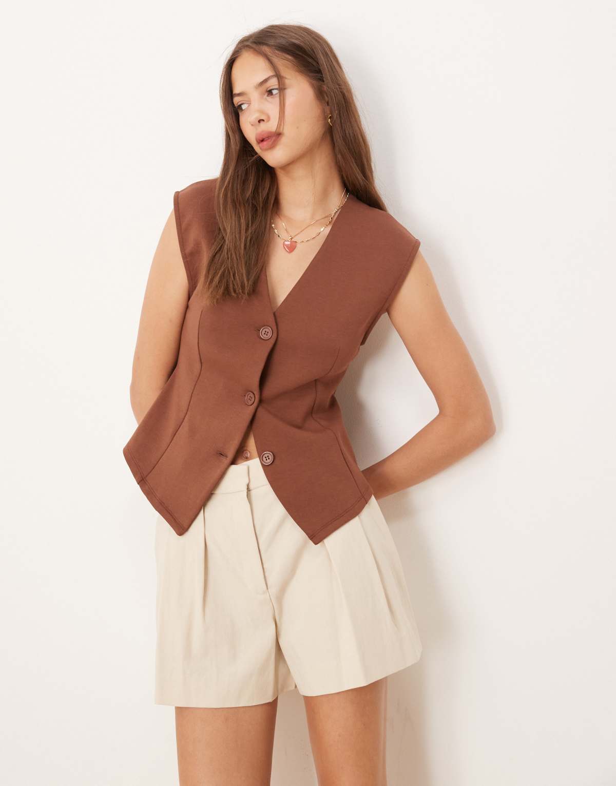 ASOS DESIGN interlock v neck button through in brown
