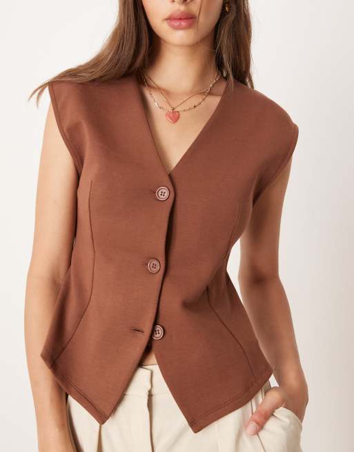 ASOS DESIGN interlock V-neck button through in brown, 2 of 4