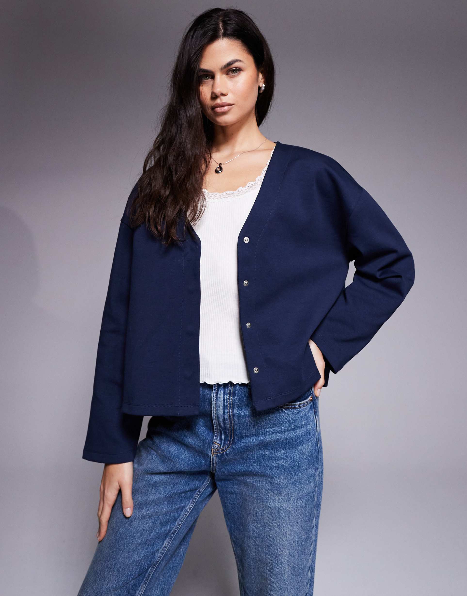 asos design interlock v-neck long sleeve cropped cardigan in navy
