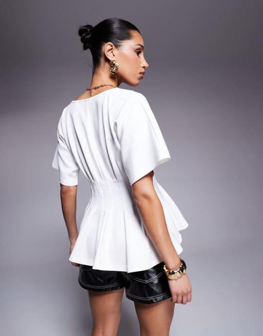 ASOS DESIGN interlock V-neck T-shirt with pleated waist in cream