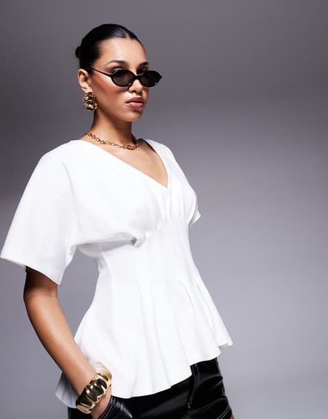 ASOS DESIGN interlock V neck tshirt with pleated waist in cream - view 1