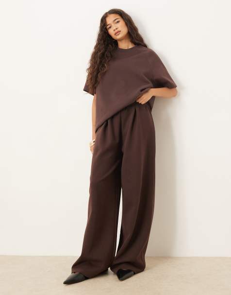 ASOS DESIGN interlock wide leg jogger with pocket detail in chocolate - view 1