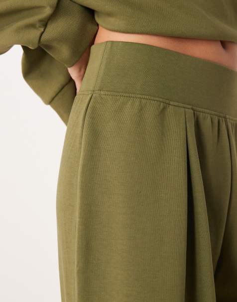 ASOS DESIGN interlock wide leg jogger with wide waistband detail in khaki - view 2