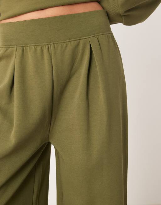 ASOS DESIGN interlock wide leg jogger with wide waistband detail in khaki, 4 of 5