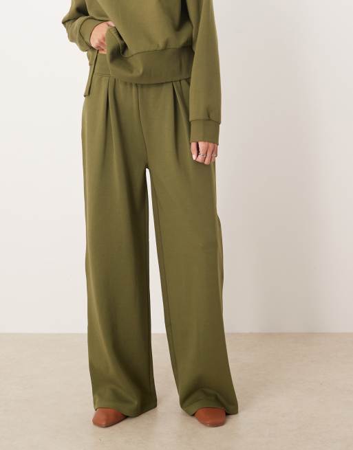 ASOS DESIGN interlock wide leg jogger with wide waistband detail in khaki, 5 of 5