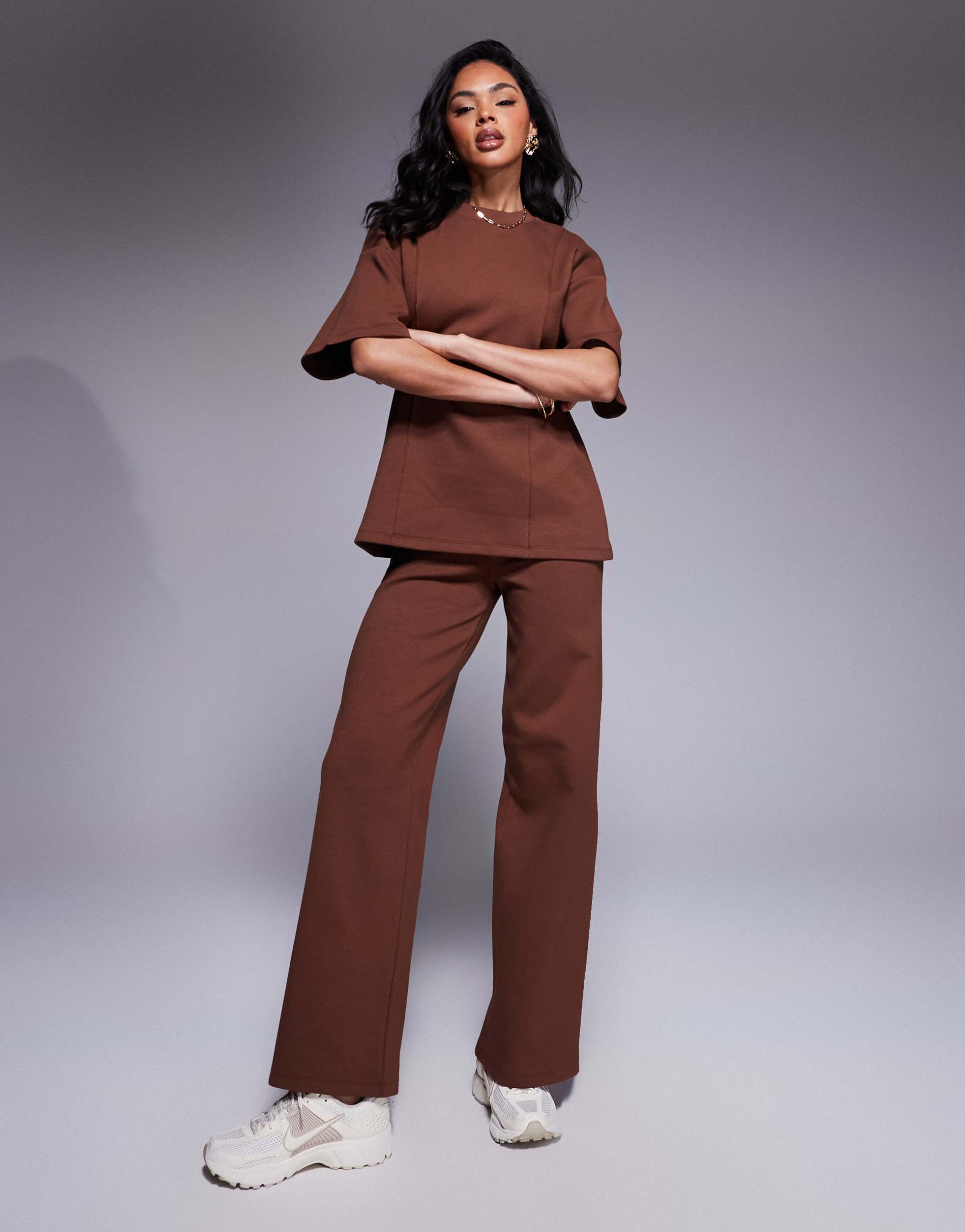 asos design interlock wide leg pants in brown - part of a set