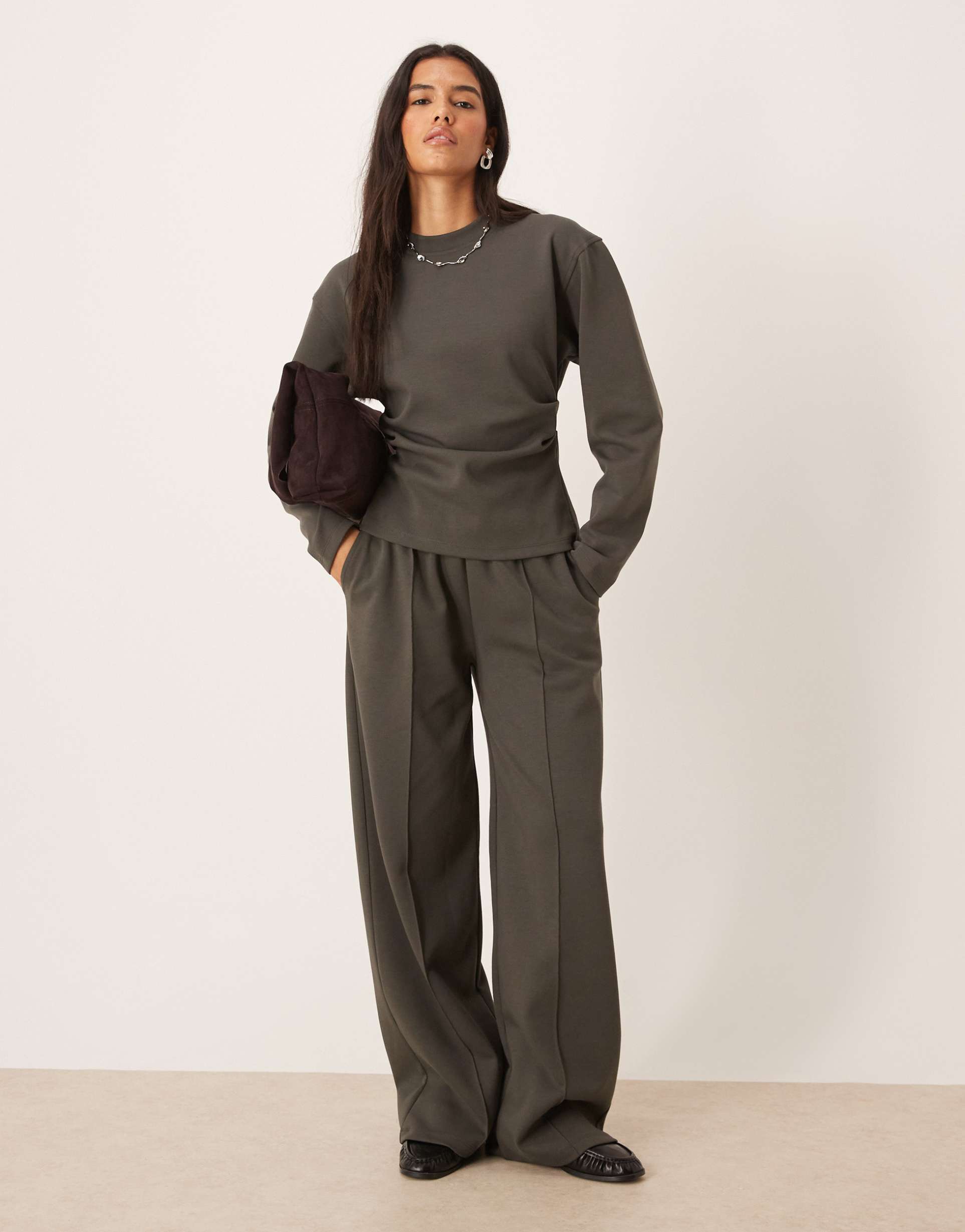 asos design interlock wide leg pants in charcoal - part of a set