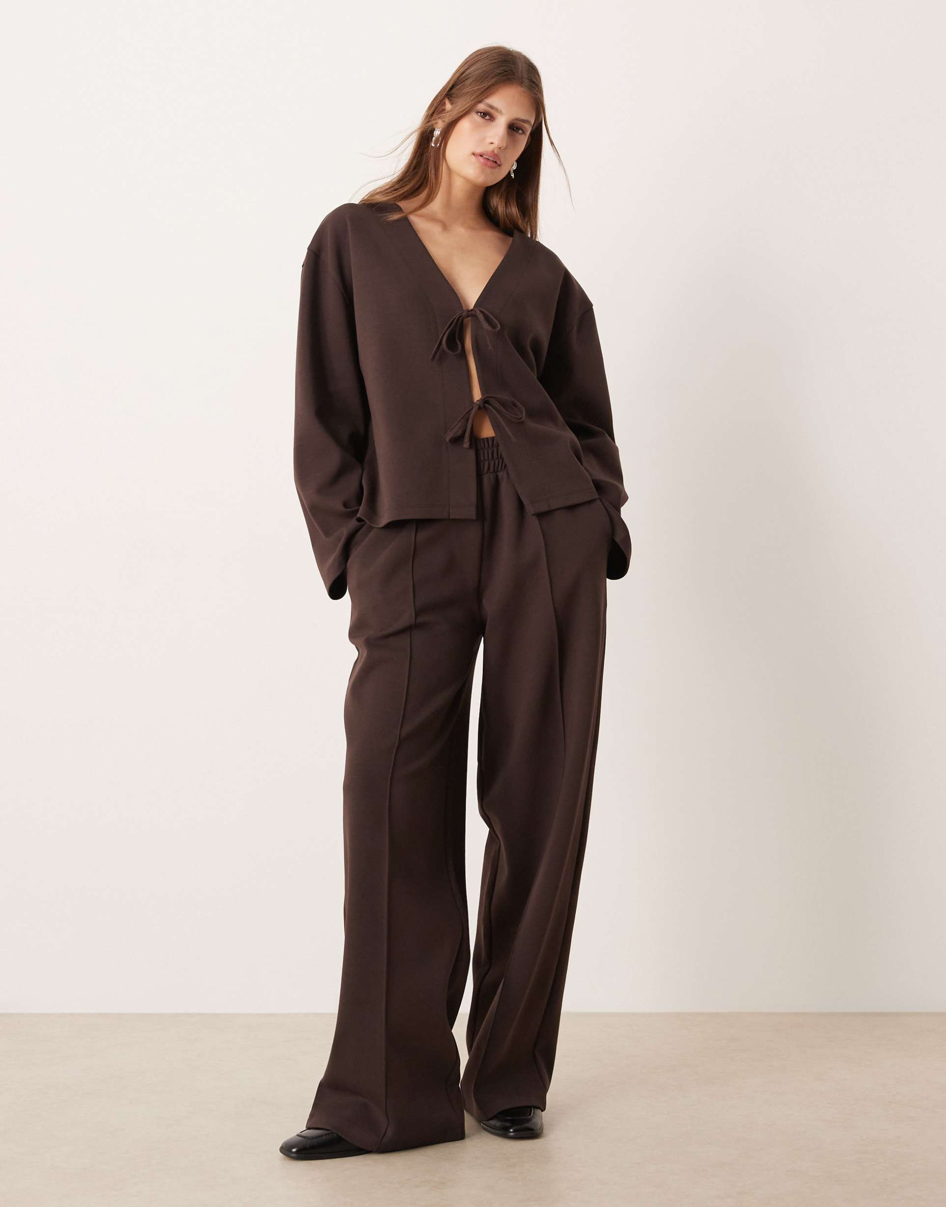asos design interlock wide leg pants in chocolate - part of a set