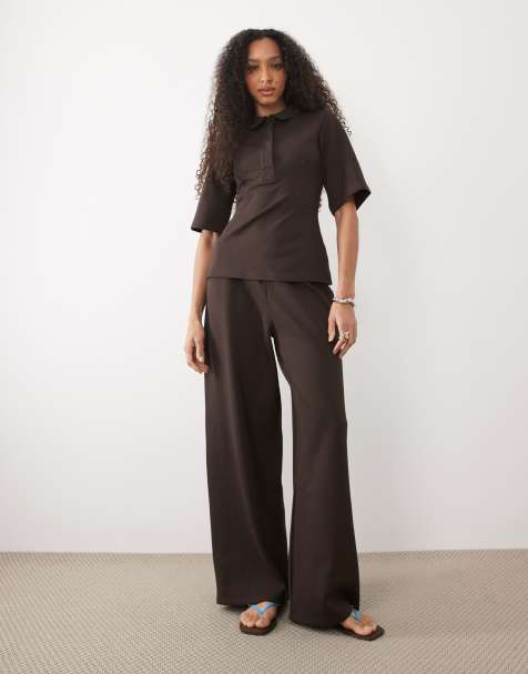 ASOS DESIGN interlock wide leg pants in chocolate - part of a set - view 1